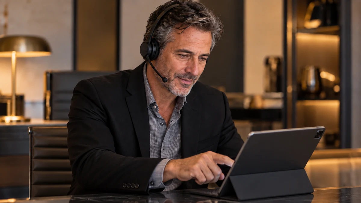 An adviser uses a tablet to record a customer's request.