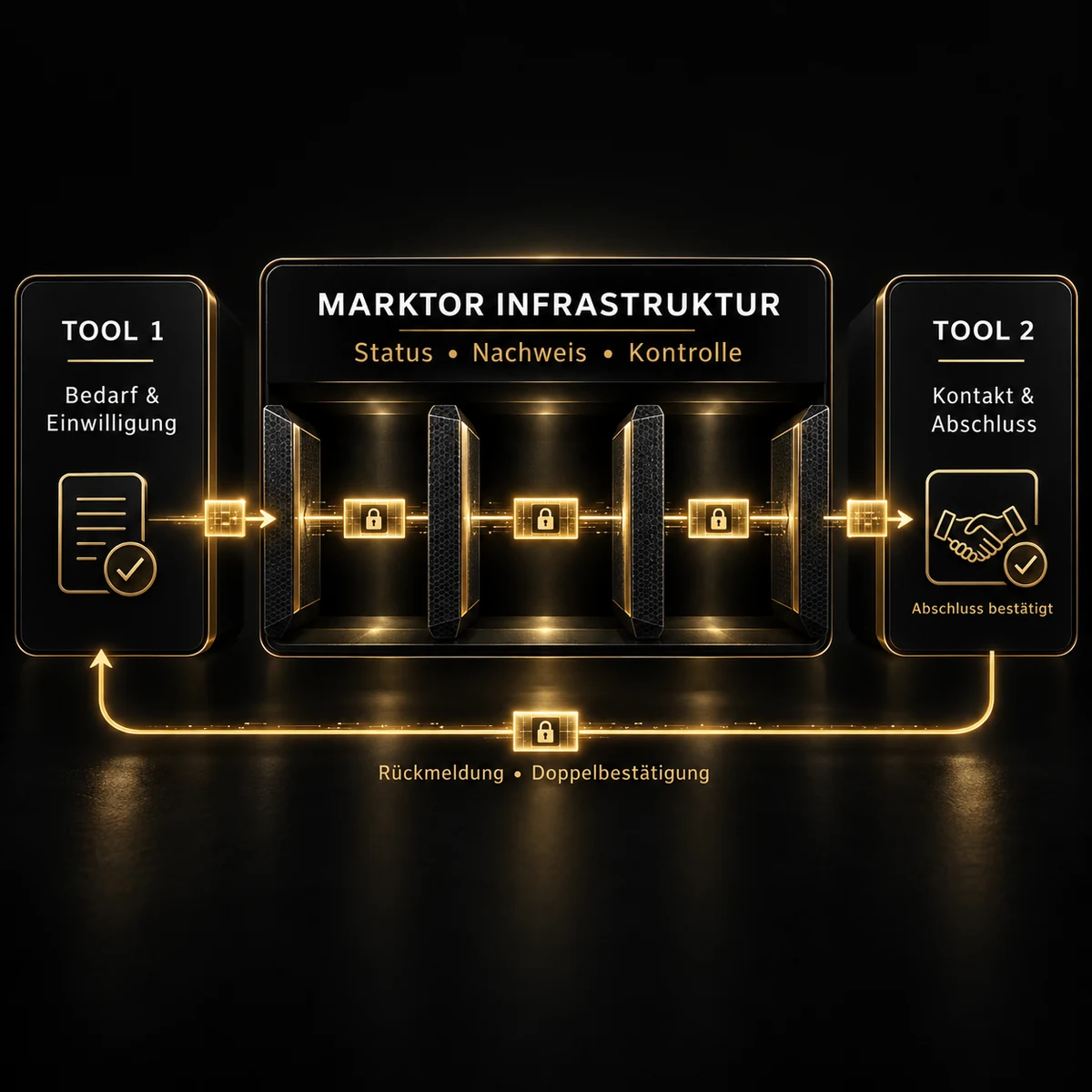 Abstract illustration of the controlled data flow between Tool 1, the infrastructure and Tool 2.